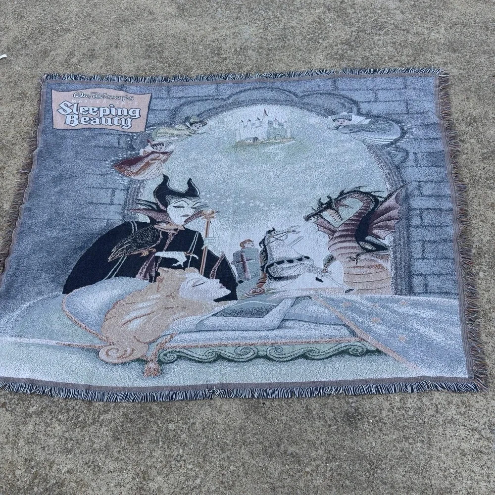 Vintage 90s Disney Sleeping Beauty Woven Fringe Tapestry Throw Blanket Blue